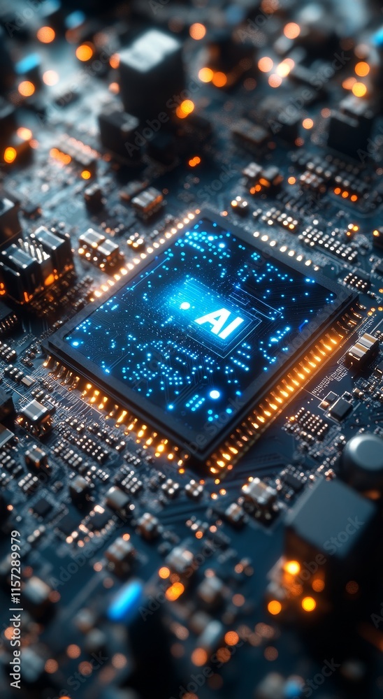 Poster close view of a modern computer processor showcasing detailed circuitry and illuminated components e