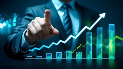 Business Professional Pointing at Upward Trending 3D Holographic Graph with Futuristic Digital Background