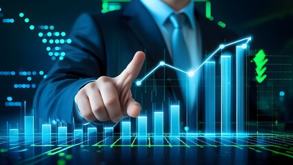Business Professional Pointing at Upward Trending 3D Holographic Graph with Futuristic Digital Background