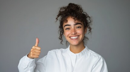 Woman smiling and giving a thumbs up in a neutral setting
