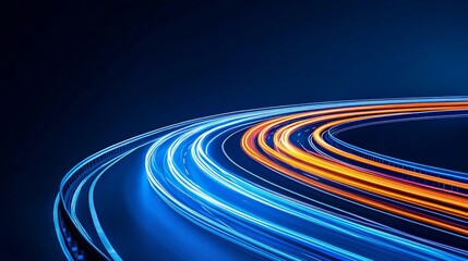 An abstract dark backdrop with a radiant wave, complemented by glossy, animated lines. This contemporary design showcases a gradient of purple and blue, with flowing wave lines in blue and yellow.