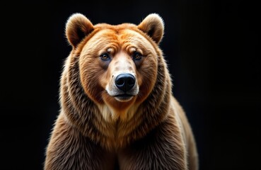 Obraz premium Studio portrait of brown grizzly bear. Close-up view of face, fur. Powerful animal looking directly at camera. Wild animal in zoo nature reserve. Dramatic lighting highlights fur texture. Intense