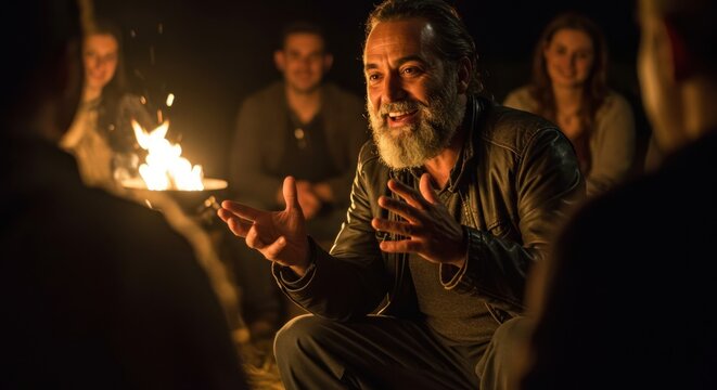 Man tells a story around a campfire to friends