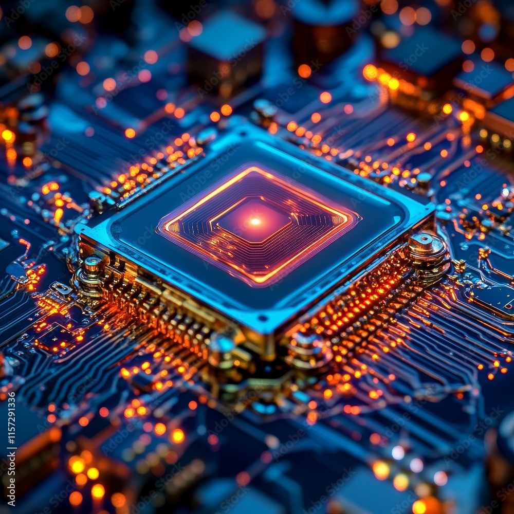 Poster close-up of a glowing microchip surrounded by intricate circuitry, showcasing advanced technology an