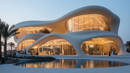 Modern, curvaceous building with large glass windows at dusk, reflecting in a pool.