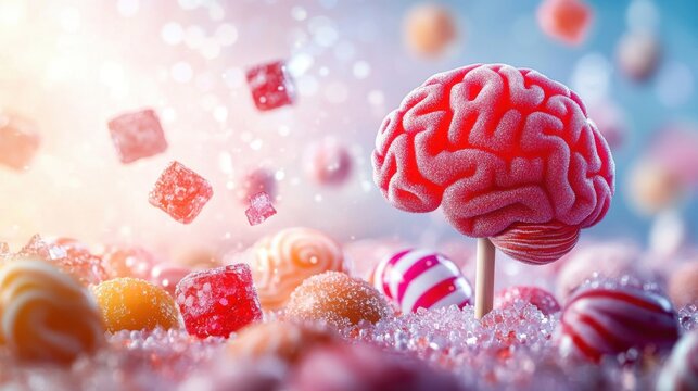 Human brain made of colorful candies, symbolizing sugar addiction, unhealthy habits, and risks like diabetes and hyperactivity in children
