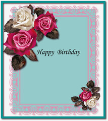 Birthday card with red and white roses in the delicate frame