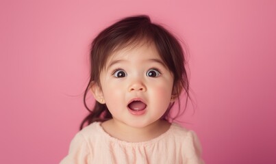 Child beams with joy against a pink background