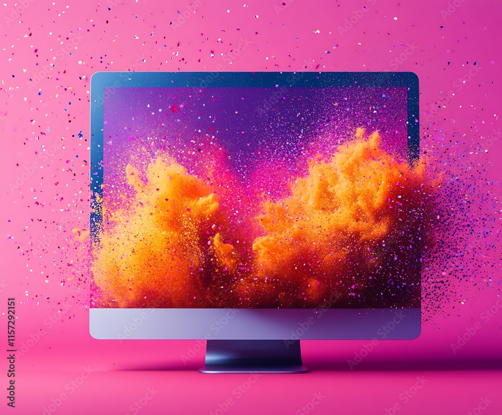 Fototapete digital burst of colorful powder from computer monitor on pink surface : generative ai