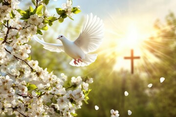 In a serene Easter scene, a white dove flies through a vibrant landscape of blossoming trees and a radiant cross, symbolizing the renewal, peace, and hope of spring and the joy of the celebration