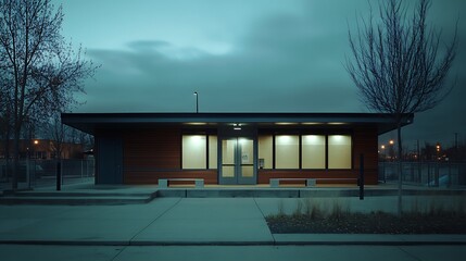 Fototapeta premium Modern building at dusk, illuminated windows, concrete pathway, minimalist design, trees.