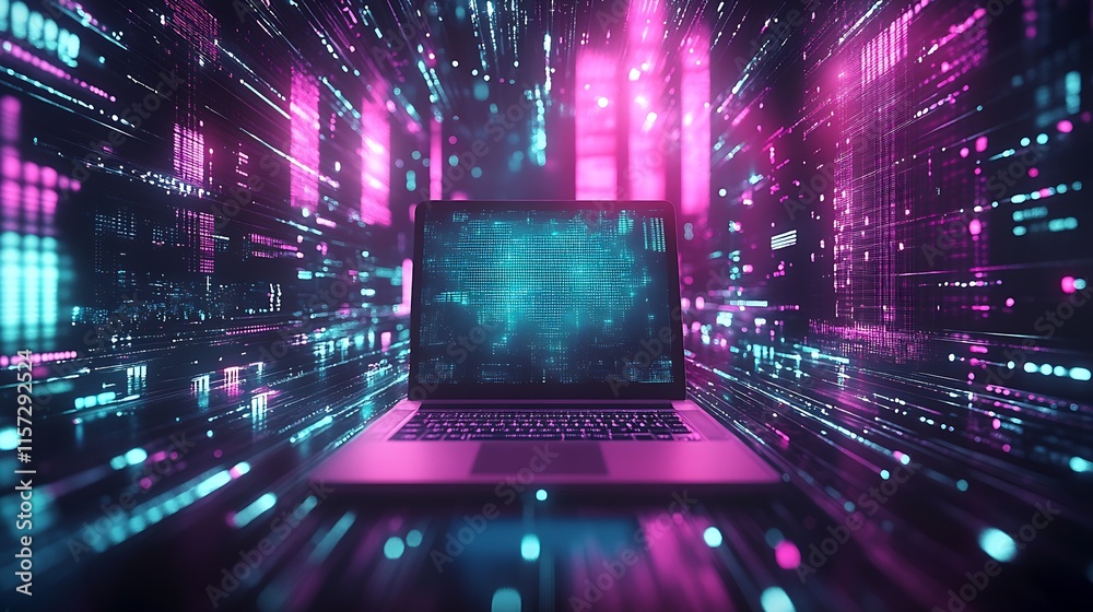 Poster Futuristic Laptop with Neon Digital Data Streams in a Virtual Space : Generative AI