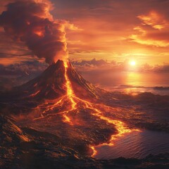 Fototapeta premium Intense molten lava crater with smoke and sunset view