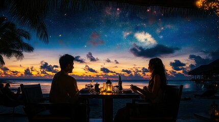 Romantic couple enjoys a candlelit dinner on the beach under a breathtaking starry night sky during sunset.
