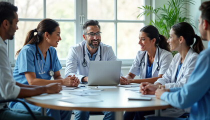 Medical team sits around table in meeting room. Multiracial doctors, nurses discussion. Focused on conversation. Pro medical staff briefing. Discuss ideas, management. Low angle view shows