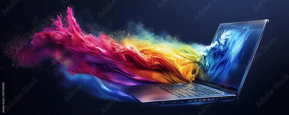 Poster Dynamic explosion of vibrant colors from a laptop screen on a dark background representing creativity and innovation : Generative AI