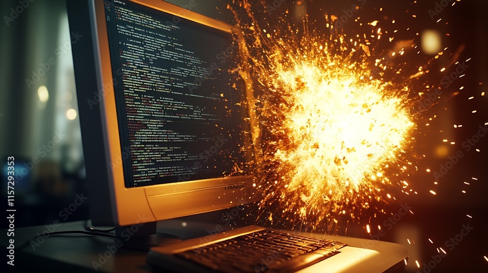 Aufkleber Intense fiery computer screen explosion with code highlighting cybersecurity breaches : Generative AI
