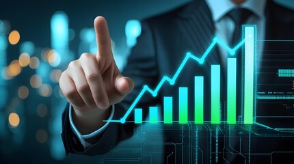 Futuristic Business Vision Hand Pointing at 3D Holographic Growth Graph