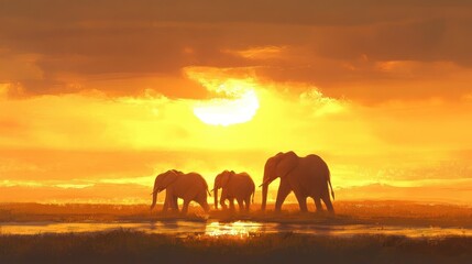 Fototapeta premium Silhouetted elephant family at sunset in African savanna.