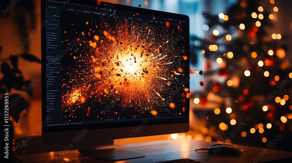Aufkleber Vibrant Fireworks Display on Computer Screen with Christmas Tree in Background : Generative AI