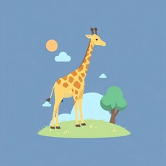 Fototapeta premium Gentle Giraffe in Serene Meadow: A Whimsical Illustration
