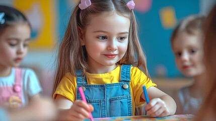 Smiling Child Focused on Drawing Activity in Creative Educational Environment : Generative AI