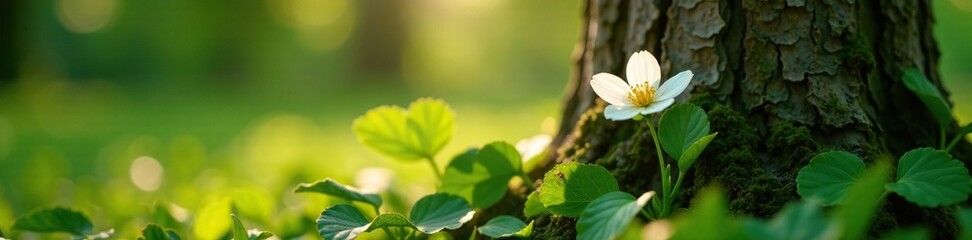 A single white flower blooms at the base of a sunlit tree trunk amidst leafy foliage, sunlit, greenery