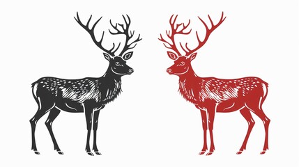 Majestic Red Deer Stag Reindeer with Antlers Vector Silhouette Outline
