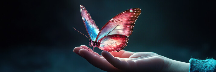 holographic butterfly resting on child hand, magical moment