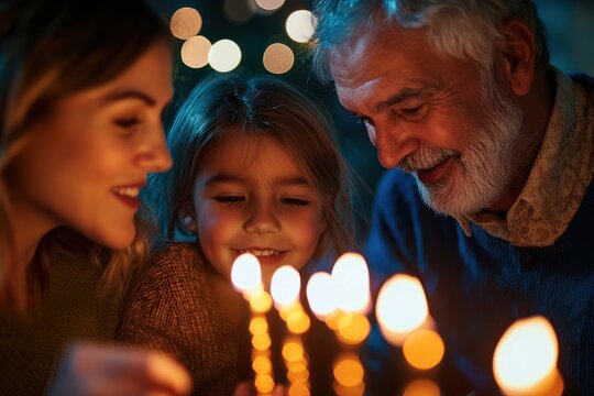 Close up of menorah lighting with heartfelt family moments: A close-up of the menorah being lit, capturing the warmth and togetherness of family during Hanukkah.