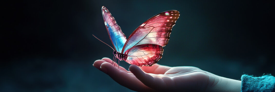 holographic butterfly resting on child hand, magical moment - Powered by Adobe