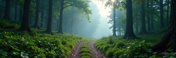 Obraz premium A winding path disappears into the foggy forest, nature,