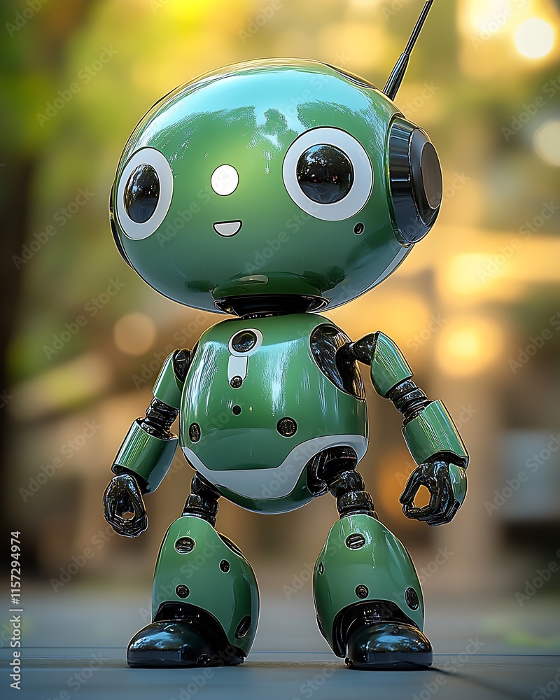 Aufkleber cute green robot in urban setting with glowing eyes and antenna : generative ai