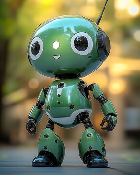 Cute green robot in urban setting with glowing eyes and antenna : Generative AI