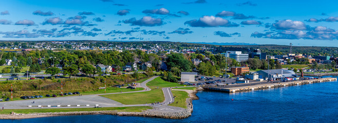 A panorama view over an industrial area on the coast at Sydney, Nova Scotia, Canada in the fall