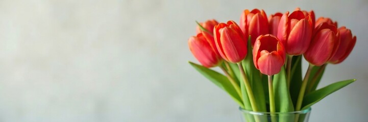 Fototapeta premium Colorful bouquet of red tulips in a glass vase, decoration, spring