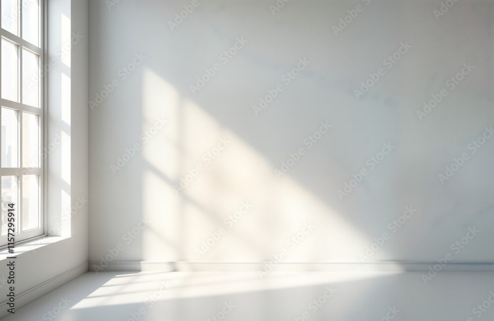 Poster empty room with bright sunlight casting shadows on white walls. window in corner provides soft light