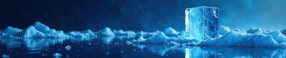 Dark blue background with a vertical rectangular ice block, icy landscape, ice block
