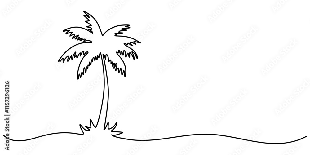 Poster Continuous Line Drawing of a Palm Tree – Tropical Vector Design, Palm tree single line drawing of continuous one line vector art outline illustration, one line drawing of Palm trees on a beach. 
