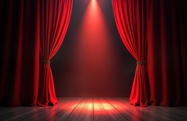 Red stage curtains open revealing bright spotlight on wooden floor. Empty stage ready for performance. Dramatic lighting creates theatrical ambiance. Illustration perfect for promotional materials,