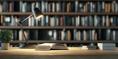 Modern desk setup with lamp and books against a blurred library backdrop. Education and reading concept. 3D Rendering