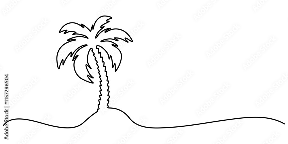 Aufkleber Continuous Line Drawing of a Palm Tree – Tropical Vector Design, Palm tree single line drawing of continuous one line vector art outline illustration, one line drawing of Palm trees on a beach. 
