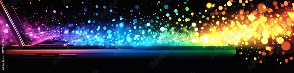Poster vibrant rainbow light spectrum streaming from edge of sleek laptop design : generative ai