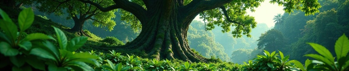 Fototapeta premium Dense foliage sways in the breeze around a towering tree, forest, jungle, nature