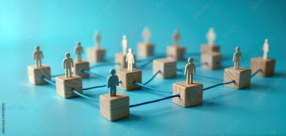 Poster wooden blocks form network. small wooden figures represent people. blue strings connect blocks. imag
