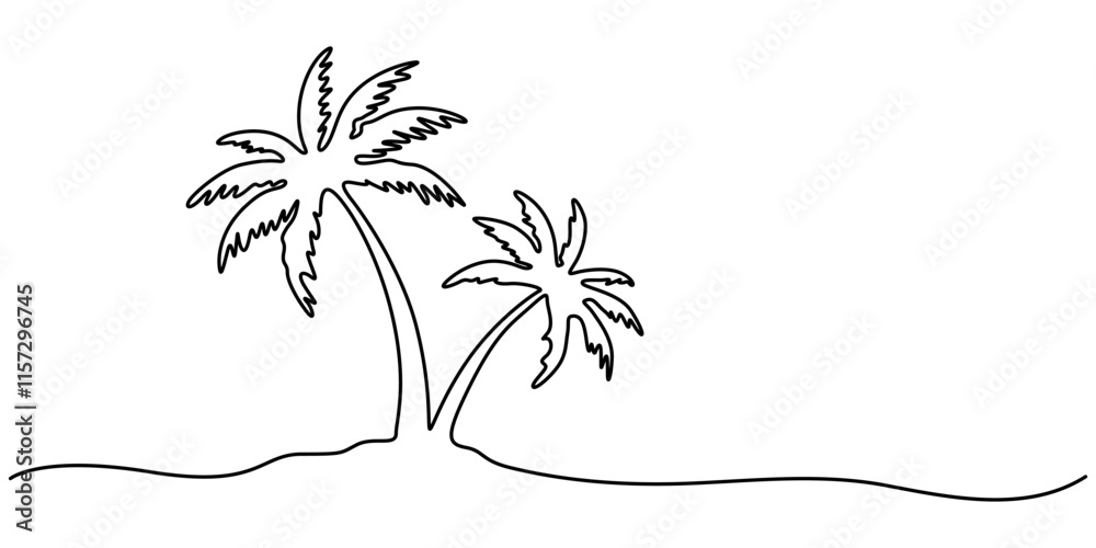 Aufkleber Continuous Line Drawing of a Palm Tree – Tropical Vector Design, Palm tree single line drawing of continuous one line vector art outline illustration, one line drawing of Palm trees on a beach. 