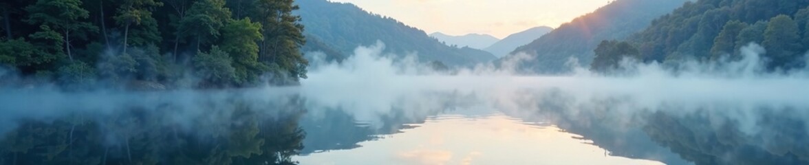 Obraz premium Ethereal mist rising from the surface of a serene lake, flow, ethereal
