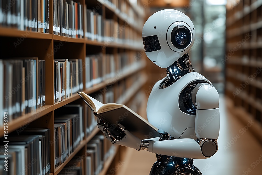 Poster Futuristic Humanoid Robot Reading Book in Large Modern Library : Generative AI