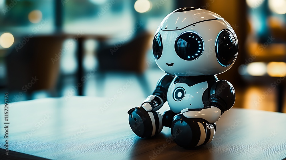 Poster Adorable Advanced Robot Toy with Glowing Features in Modern Cafe Scene : Generative AI