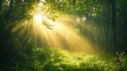Obraz premium Radiant sunbeams shining through a dense forest at dawn, with a soft mist rising from the ground